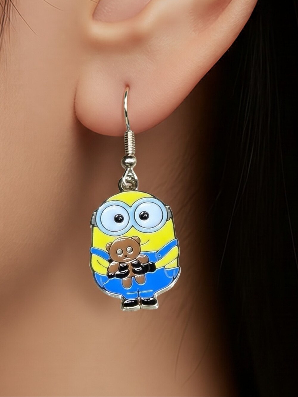 Bob Minion Earrings Teddy Bear Despicable Me Gold Pierced Enamel Dangle Jewelry